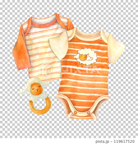 Newborn Infant baby striped clothes set. Watercolor toddler short sleeve bodysuit, sweater or pullover and eco friendly wooden and textile toy sleeping lamb. Isolated composition for baby shower cards Newborn Infant baby striped clothes set. Watercolor toddler short sleeve bodysuit, sweater or pullover and eco friendly wooden and textile toy sleeping lamb. Isolated composition for baby shower cards 119617520