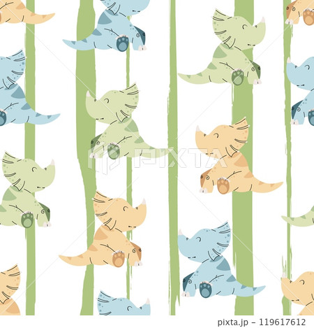 Seamless pattern with cute dinosaurs in flat style. Childish background for fabric, wallpaper, wrapping paper, etc. 119617612