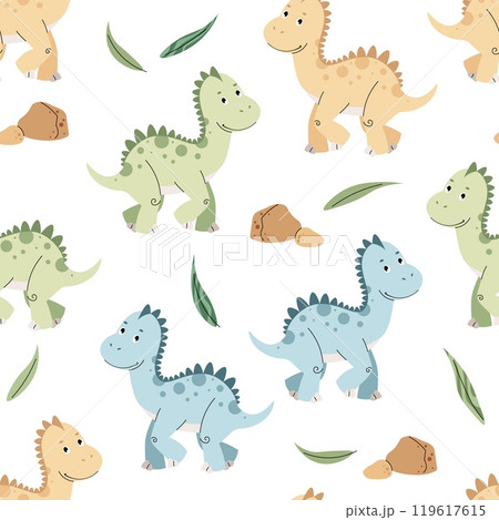 Seamless pattern with cute dinosaurs in flat style. Repeating background with baby dinosaur and leaves. Childish background for fabric, wallpaper, wrapping paper, scrapbooking, etc Seamless pattern with cute dinosaurs in flat style. Repeating background with baby dinosaur and leaves. Childish background for fabric, wallpaper, wrapping paper, scrapbooking, etc 119617615