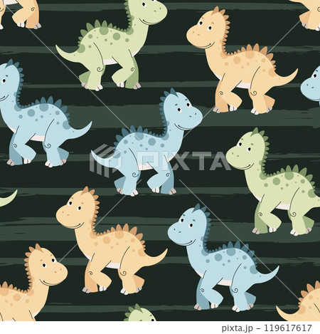 Seamless pattern with cute dinosaurs in flat style. Repeating texture with baby dinosaur on striped background. Kiddie background for fabric, wallpaper, wrapping paper, scrapbooking etc Seamless pattern with cute dinosaurs in flat style. Repeating texture with baby dinosaur on striped background. Kiddie background for fabric, wallpaper, wrapping paper, scrapbooking etc 119617617