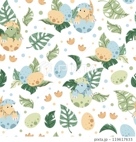 Seamless pattern with cute dinosaurs in an egg in flat style. Endless texture with hatched baby dinosaur and tropical plants. Childish background for fabric, wallpaper, wrapping paper, scrapbooking, 119617633