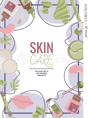 Skin care flyer design. Poster with cosmetic products, face mask, gua sha, serum. Facial skin care, skin moisturizing. Banner for beauty salon, spa, etc. Skin care flyer design. Poster with cosmetic products, face mask, gua sha, serum. Facial skin care, skin moisturizing. Banner for beauty salon, spa, etc. 119617654