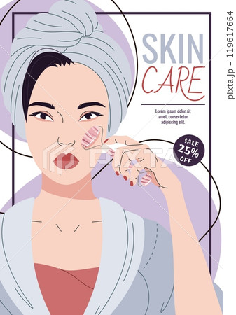 Skin care flyer design. Poster with an Asian woman doing gua sha massage. Facial skin care, skin moisturizing. Banner for beauty salon, spa, etc. Skin care flyer design. Poster with an Asian woman doing gua sha massage. Facial skin care, skin moisturizing. Banner for beauty salon, spa, etc. 119617664