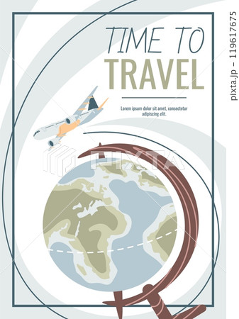 Travel flyer design. Poster with globe and plane flying around. Travel around the world, summer vacation. Banner for travel agency Travel flyer design. Poster with globe and plane flying around. Travel around the world, summer vacation. Banner for travel agency 119617675