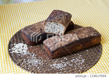 dark rye bread, Lithuanian cuisine, Baltic Traditional assorted dishes, Top view. dark rye bread, Lithuanian cuisine, Baltic Traditional assorted dishes, Top view. 119617694