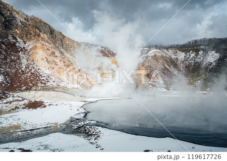 Steam hot springs and snow scene in Noboribetsu Hell Valley, Hokkaido, Japan Steam hot springs and snow scene in Noboribetsu Hell Valley, Hokkaido, Japan 119617726