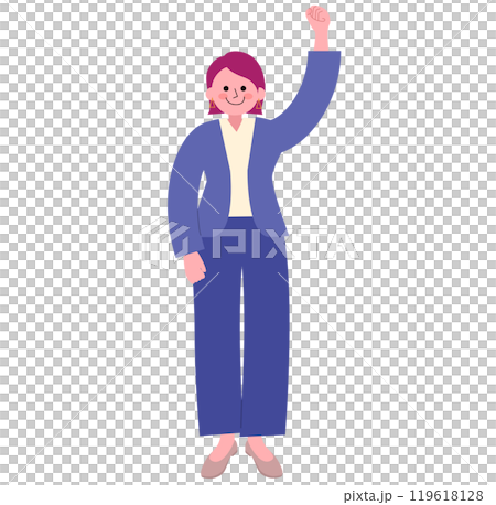 身穿褲裝、腳踩高跟鞋、舉起拳頭的女士的全身插圖 119618128