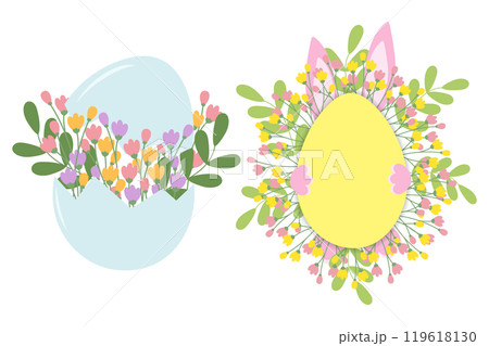 Floral composition in cracked eggshell and Easter bunny behind egg shape frame with twigs Set of 2 Floral composition in cracked eggshell and Easter bunny behind egg shape frame with twigs Set of 2 119618130