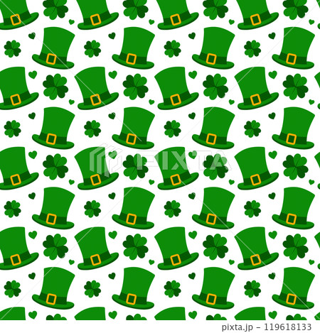Leprechaun hats, clover quatrefoil and hearts Seamless pattern in trendy monochrome green. Backdrop Leprechaun hats, clover quatrefoil and hearts Seamless pattern in trendy monochrome green. Backdrop 119618133