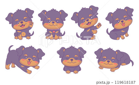 Cute dog Rottweiler collection. Happy cartoon puppy. Isolated funny kawaii character animal pet. Vector illustration. Kids collection Cute dog Rottweiler collection. Happy cartoon puppy. Isolated funny kawaii character animal pet. Vector illustration. Kids collection 119618187