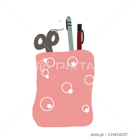 Office equipment pen holder. A set of bright office supplies in a flat cup. 119618207