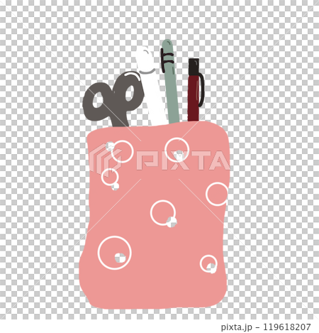 Office equipment pen holder. A set of bright office supplies in a flat cup. 119618207