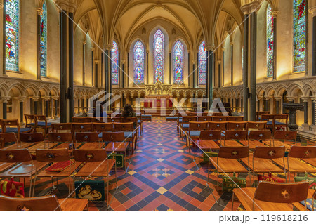 Historic Lady Chapel in St. Patrick Cathedral, featuring gothic architecture and vibrant glass 119618216