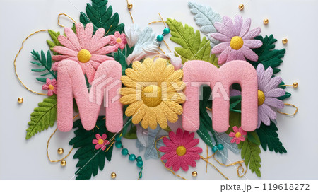 Happy Mothers Day Design on Floral Background. Embroidery Letters MOM 119618272