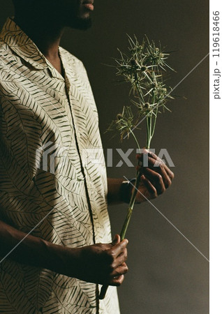 Artistic image of unrecognizable African American man holding spiky exotic flower in hand symbolizing male beauty shot on film with grain Artistic image of unrecognizable African American man holding spiky exotic flower in hand symbolizing male beauty shot on film with grain 119618466