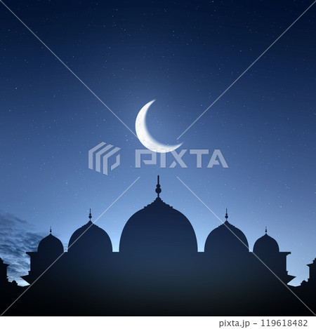 Silhouette of a mosque with crescent moon is shining brightly in the night sky. The stars are scattered throughout the sky 119618482