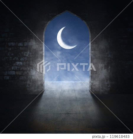 Archway of mosque door with shining crescent moon light through it 119618483