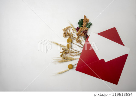 Top view of red envelope and postcard with empty blank white card and flowers on white background Top view of red envelope and postcard with empty blank white card and flowers on white background 119618654