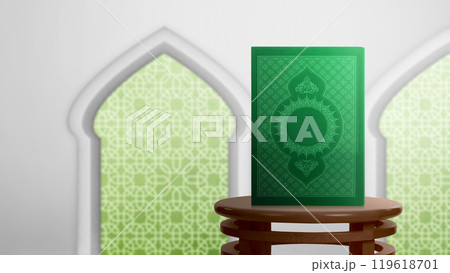 The holy book of Al Quran sitting on the table with mosque window on the background. Muslim holy book The holy book of Al Quran sitting on the table with mosque window on the background. Muslim holy book 119618701