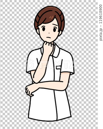 Female nurse's front standing pose, upper body, hand on chin Female nurse's front standing pose, upper body, hand on chin 119618900