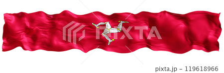 Stylized flag of Isle of Mann waving in the wind, isolated on white background. Footer, header or divider. Cut out wide, panoramic element. Banner for patriotic themes, national event promotions. 3D. 119618966