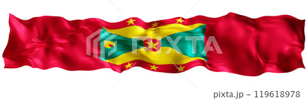 Stylized flag of Grenada waving in the wind, isolated on white background. Footer, header or divider. Cut out wide, panoramic element. Banner for patriotic themes or national event promotions. 3D. Stylized flag of Grenada waving in the wind, isolated on white background. Footer, header or divider. Cut out wide, panoramic element. Banner for patriotic themes or national event promotions. 3D. 119618978