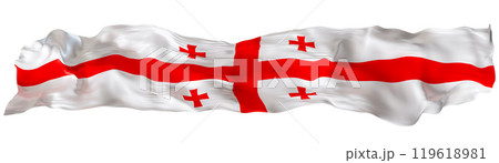 Stylized flag of Georgia waving in the wind, isolated on white background. Footer, header or divider. Cut out wide, panoramic element. Banner for patriotic themes or national event promotions. 3D. 119618981