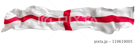 Stylized flag of England waving in the wind, isolated on white background. Footer, header or divider. Cut out wide, panoramic element. Banner for patriotic themes or national event promotions. 3D. Stylized flag of England waving in the wind, isolated on white background. Footer, header or divider. Cut out wide, panoramic element. Banner for patriotic themes or national event promotions. 3D. 119619005