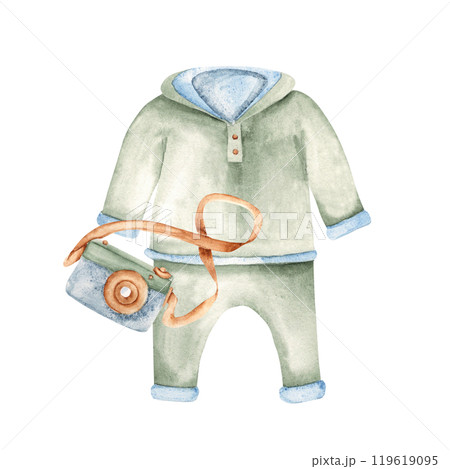 Baby Boy Suit with Wooden Camera. Kids Composition in Boho style. T-shirt, Sweatshirt and pants with eco toy. Watercolor Hand drawn illustration in Vintage style isolated on white background. Design 119619095