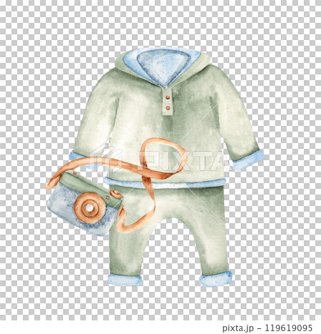 Baby Boy Suit with Wooden Camera. Kids Composition in Boho style. T-shirt, Sweatshirt and pants with eco toy. Watercolor Hand drawn illustration in Vintage style isolated on white background. Design Baby Boy Suit with Wooden Camera. Kids Composition in Boho style. T-shirt, Sweatshirt and pants with eco toy. Watercolor Hand drawn illustration in Vintage style isolated on white background. Design 119619095