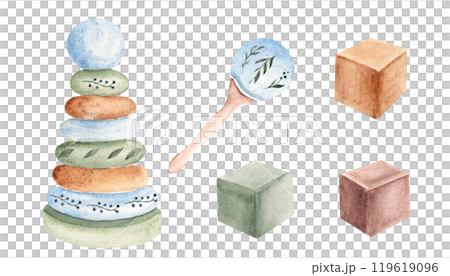 Eco baby toys set. Wooden cubes, Pyramid and Rattle with floral motives. Watercolor hand drawn illustration isolated on white background. Clip art for kids products, ads, cards for baby shower or 119619096
