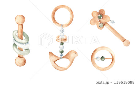 Set of Wooden Eco Baby Toys. Rattles and Teethers. Watercolor hand drawn illustration in blue, green and beige tones isolated on white background. Clip art for Kids goods, tags, Baby Shower 119619099