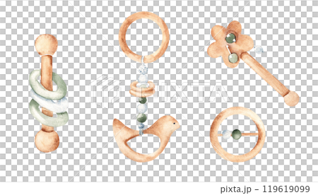Set of Wooden Eco Baby Toys. Rattles and Teethers. Watercolor hand drawn illustration in blue, green and beige tones isolated on white background. Clip art for Kids goods, tags, Baby Shower 119619099