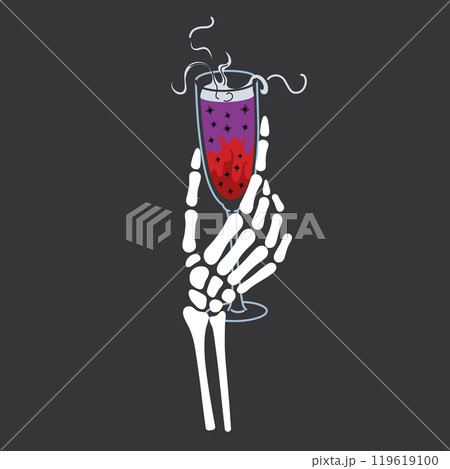 Halloween vector illustration of skeleton hand holding mystical shimmering potion in wine glass, with spooky steam rising, perfect for horror party designs and magical themes. Flat cartoon style Halloween vector illustration of skeleton hand holding mystical shimmering potion in wine glass, with spooky steam rising, perfect for horror party designs and magical themes. Flat cartoon style 119619100