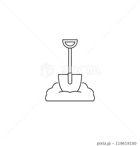 Sand, ground and spade icon. Landscape construction icon. Simple vector symbol in line style. Editable isolated illustration on white background. Sand, ground and spade icon. Landscape construction icon. Simple vector symbol in line style. Editable isolated illustration on white background. 119619180