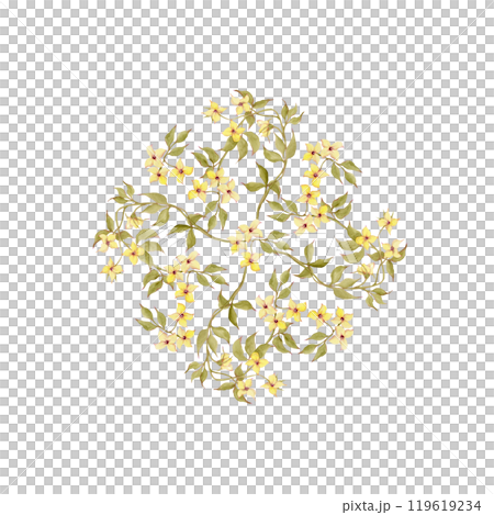 Garden yellow flowers. Summer floral print on napkin or round tablecloth. Wild buttercups. Perfect for decorating packaging, dishes, kitchenware, wallpaper and fabric. Flower wall 119619234