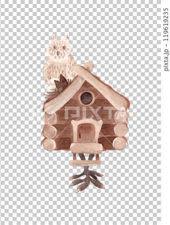 Hut on chicken legs and an owl. Fairytale house of Baba Yaga. Good witch. Watercolor isolated illustrations for Halloween 119619235
