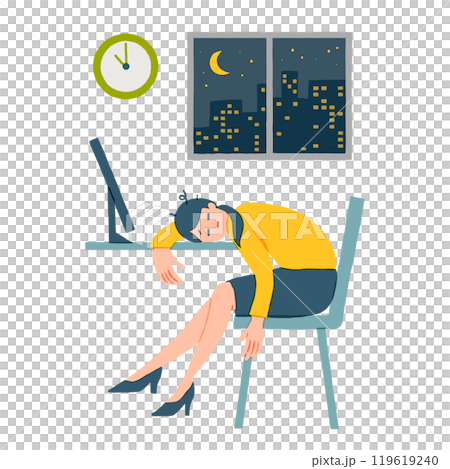 残業で疲れて机に突っ伏す女性 119619240