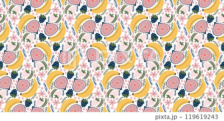 Vivid seamless pattern featuring bananas, figs, blackberries, white strawberries, pink flowers, and green leaves. Designed in a modern, organic vector style with flat colors and a playful, youthful 119619243