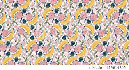 Vivid seamless pattern featuring bananas, figs, blackberries, white strawberries, pink flowers, and green leaves. Designed in a modern, organic vector style with flat colors and a playful, youthful 119619243