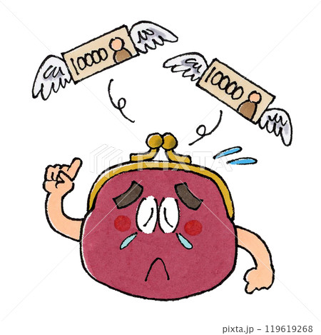 お金を失い、泣くがま口財布のキャラクター お金を失い、泣くがま口財布のキャラクター 119619268