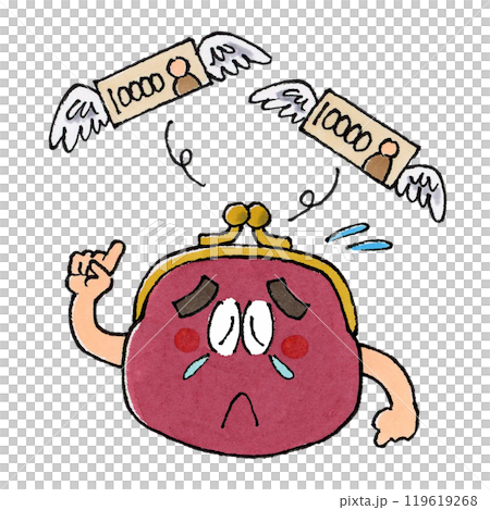 お金を失い、泣くがま口財布のキャラクター お金を失い、泣くがま口財布のキャラクター 119619268