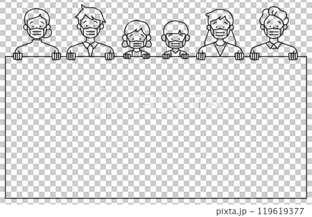 Frame illustration of three households wearing masks (hospital, insurance, pediatrics, insurance newsletter, illustration, frame, frame) 119619377