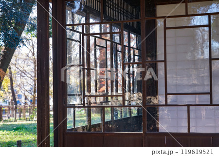 芦花公園こと蘆花恒春園　徳冨蘆花旧宅の窓に映る紅葉（東京都世田谷区） 119619521