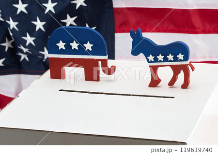 Political Symbols Voting. Republican elephant, Democrat donkey. Symbols of USA, Republican and Democrat parties. Political Symbols Voting. Republican elephant, Democrat donkey. Symbols of USA, Republican and Democrat parties. 119619740