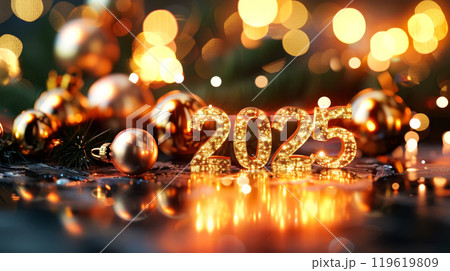 Festive gold ornaments and glittering 2025 new year celebration 119619809