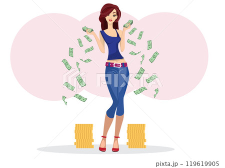 Sexy girl who is happy and successful Direct selling business and selling online holding money, and money falling around her Sexy girl who is happy and successful Direct selling business and selling online holding money, and money falling around her 119619905