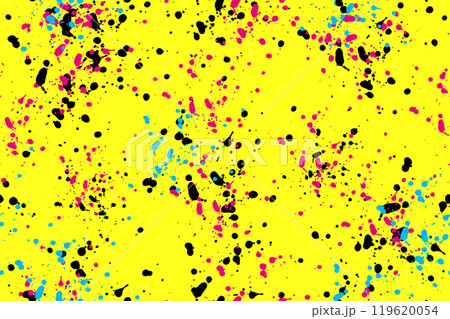 Blots are black, pink, blue on yellow background. Abstract watercolor paint drops. Seamless pattern Blots are black, pink, blue on yellow background. Abstract watercolor paint drops. Seamless pattern 119620054