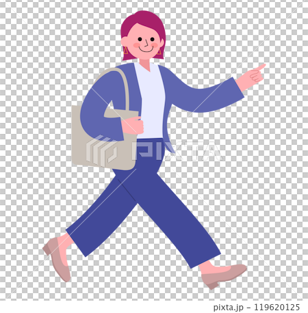 一幅全身插圖，描繪了一位穿著褲裝和高跟鞋的女士，肩上背著包自信地行走時手指被刺傷的情況 119620125