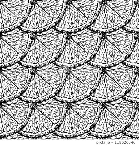Seamless vector pattern of hand drawn citrus slices. Perfect for summer designs, kitchen decor, food packaging or fruit inspired projects, Christmas wrapping paper and farm goods packaging. 119620346